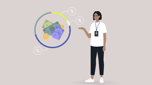 Illustration concept of a donut chart and an employee representing compensation and benefits. 