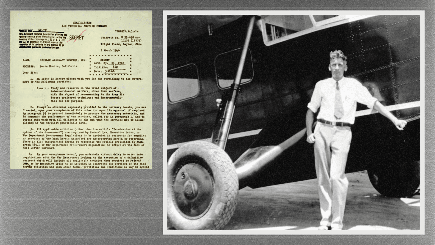 Left: Original contract for Project RAND, 1946. Right: Frank Collbohm at Douglas Aircraft Company, 1940s.