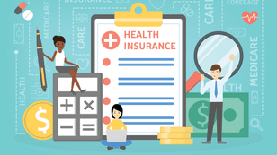 Illustration of three people with various items representing health insurance costs, illustration by Guzaliia Filimonova/Getty Images