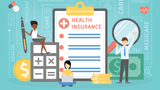 Illustration of three people with various items representing health insurance costs, illustration by Guzaliia Filimonova/Getty Images